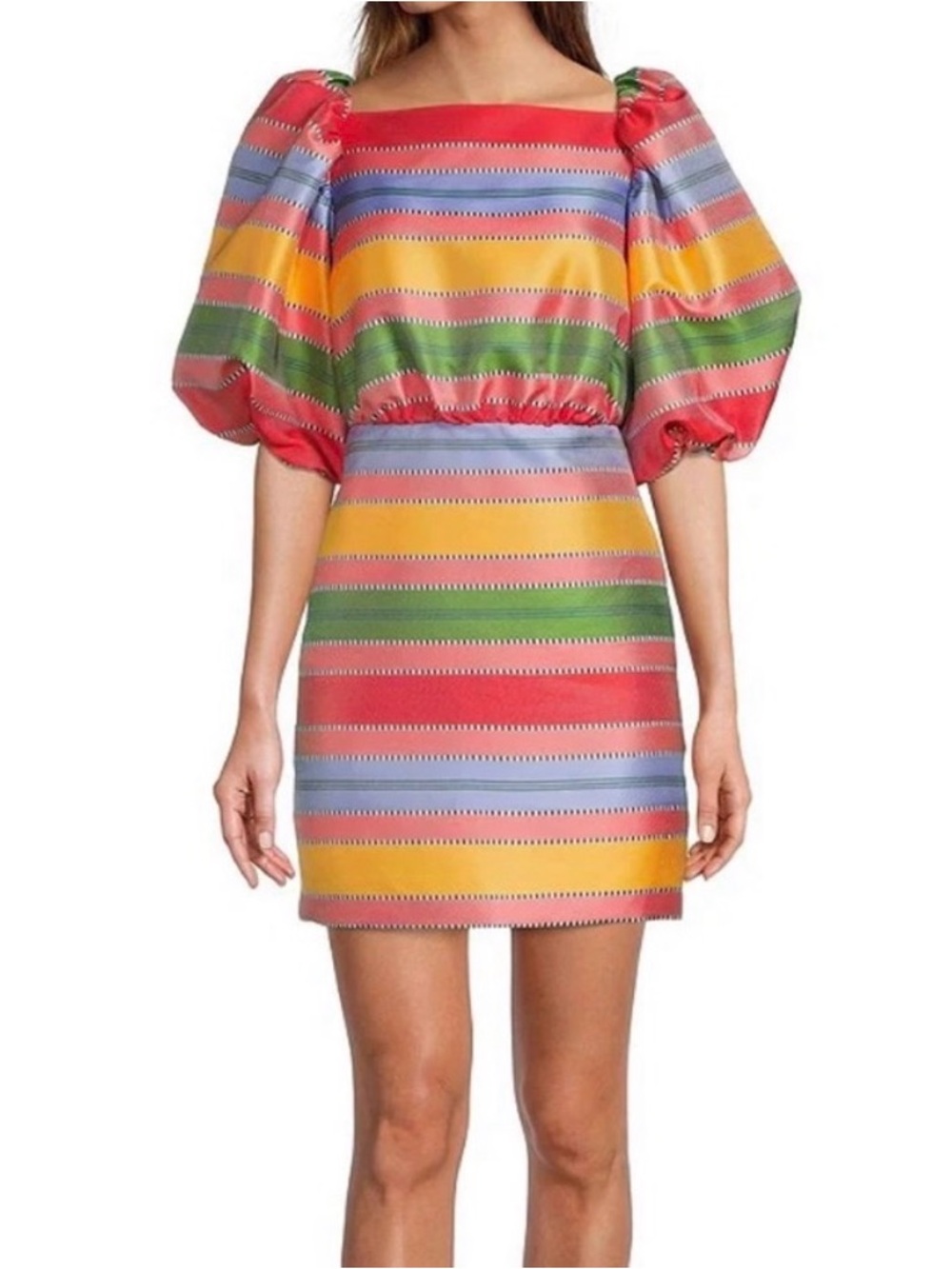 ANTONIO MELANI Striped Puff-Sleeve Mini Dress in Red, Yellow, Green, Blue, Pink